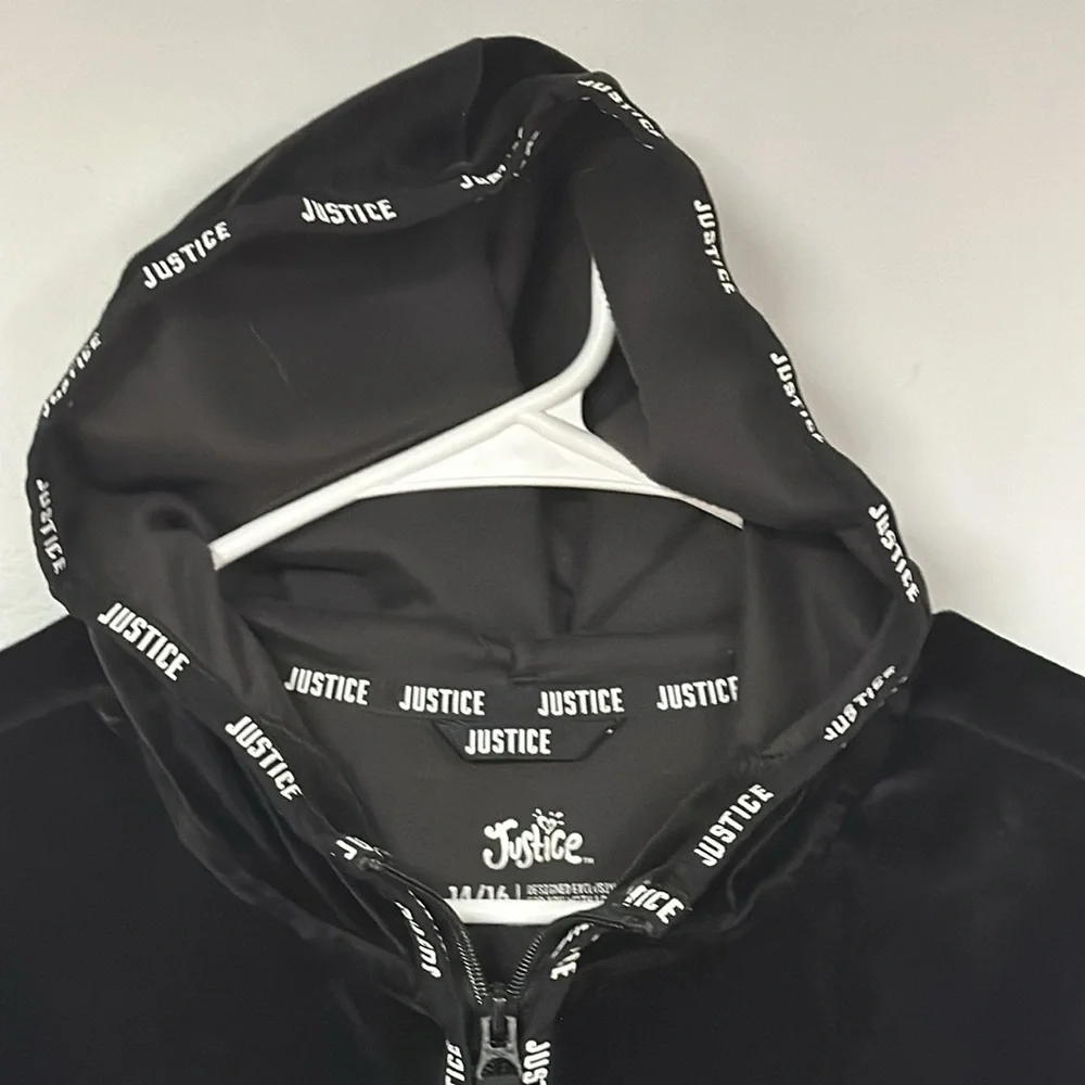 Justice Velvet velour Black Super Soft Hoodie Pullover size 14 / 16 girl EUC!